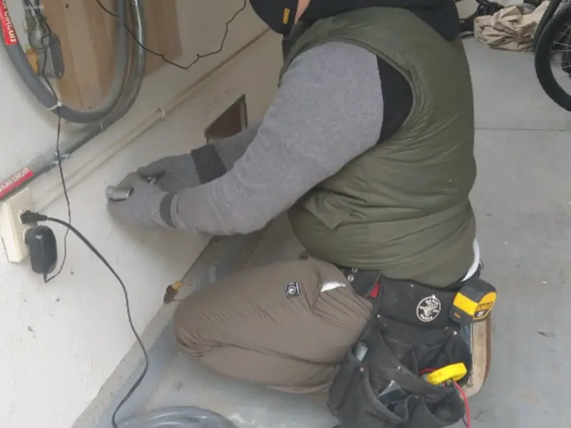 Electrician performing outlet wiring in a Waukesha garage